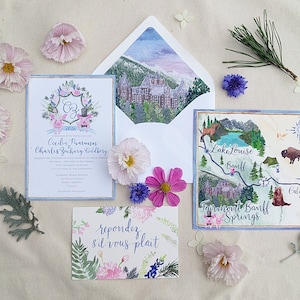 Suite de invitación de boda personalizada pintada a mano: acuarela, ilustrada, canadá, alberta, banff, montañas rocosas, fairmont, mapa, cresta, castillo