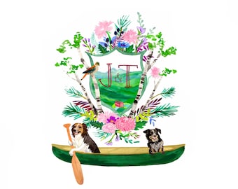 Hand Drawn Custom Crest - Monogram, Heraldry, flowers, canoe, camping, birch, woodland, pet portrait, summer, vermont, hills, sumac, dog