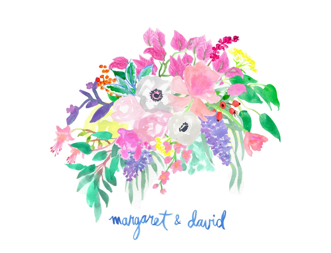 Hand Painted Original Custom Watercolor Bouquet - Wedding, Garden, Wild ...