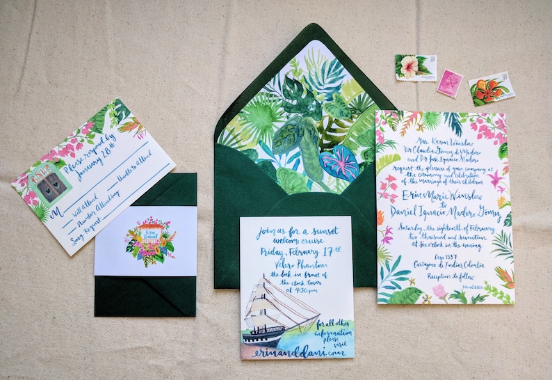 Brush Calligraphy heron island southern pelican Hand Drawn Custom Wedding Invitation Suite: Florida Lakeside cattail Lake Boating