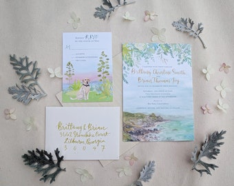 Hand Painted Custom Wedding Invitation Suite: watercolor, illustrated, california, coastal, mendocino, pet portrait, native plants, big sur