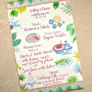 Suite di inviti di nozze personalizzati disegnati a mano: Menu, Marocco, Marocchino, Piastrelle, Vaso di terracotta, Cactus, Giardino, Illustrato, Calligrafia a pennello, Cibo