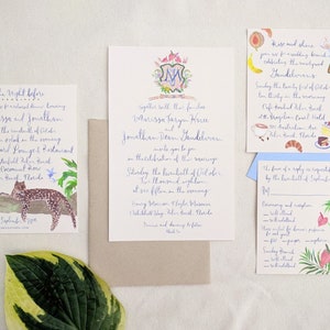 Hand Painted Custom Wedding Invitation Suite: watercolor, tropical, leopard, crest, monogram, miami, anthurium, illustrated, calligraphy
