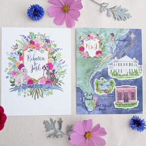 Suite d’invitation de mariage personnalisée peinte à la main : aquarelle, illustrée, écusson, carte, portrait d’animal de compagnie, Floride, plage de Vero, lieu, fleurs, côte