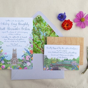 Hand Painted Custom Wedding Invitation Suite: watercolor, illustrated, pine, southern, duke chapel, durham, garden party, venue illustration