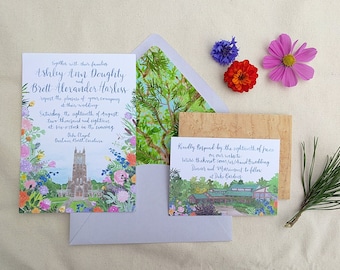 Hand Painted Custom Wedding Invitation Suite: watercolor, illustrated, pine, southern, duke chapel, durham, garden party, venue illustration