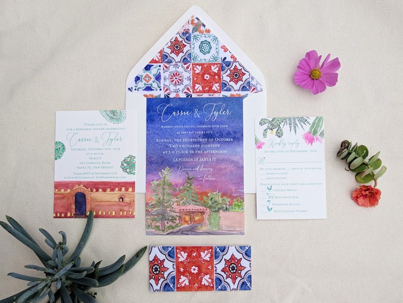 Hand Painted Custom Wedding Invitation Suite: watercolor santa barbara crest illustrated monogram tropical belmond el encanto peonies