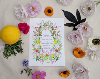 Hand Painted Custom Wedding Invitation Suite: romantic, calligraphy, watercolor, italy, ravello, lemons, citrus, garden, botanical