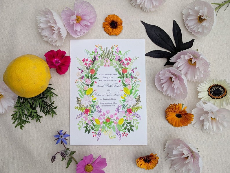 Hand Painted Custom Wedding Invitation Suite: watercolor santa barbara crest illustrated monogram tropical belmond el encanto peonies