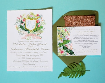 Hand Drawn Custom Wedding Invitation Suite: flowers, ferns, succulents, orchid, pine, feathers, woodland, tropical, watercolor, illustration
