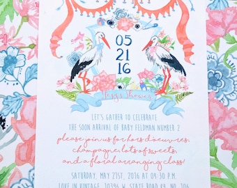 Hand Drawn Custom Wedding Invitation Suite: bridal, baby shower, stork, chinoiserie, delft, oriental, ginger jar, peach, blue, wallpaper