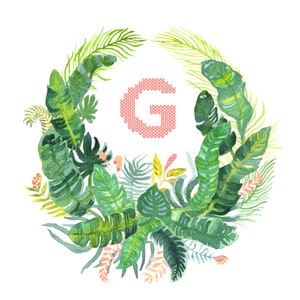 Handgezeichnetes Botanisches Wappen Monogramm, Blumen, Farne, Palmen, Heraldik, tropisch, Dschungel, Bananenblatt, Aquarell, Sandhill Kranich Bild 3
