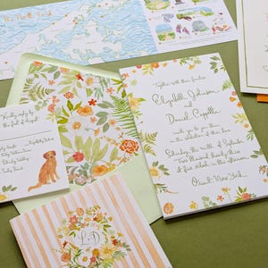 Invitaciones de boda personalizadas pintadas a mano: acuarela, bellas artes, caprichosas, ilustraciones, coloridas, papelería, Long Island, North Fork, mapa