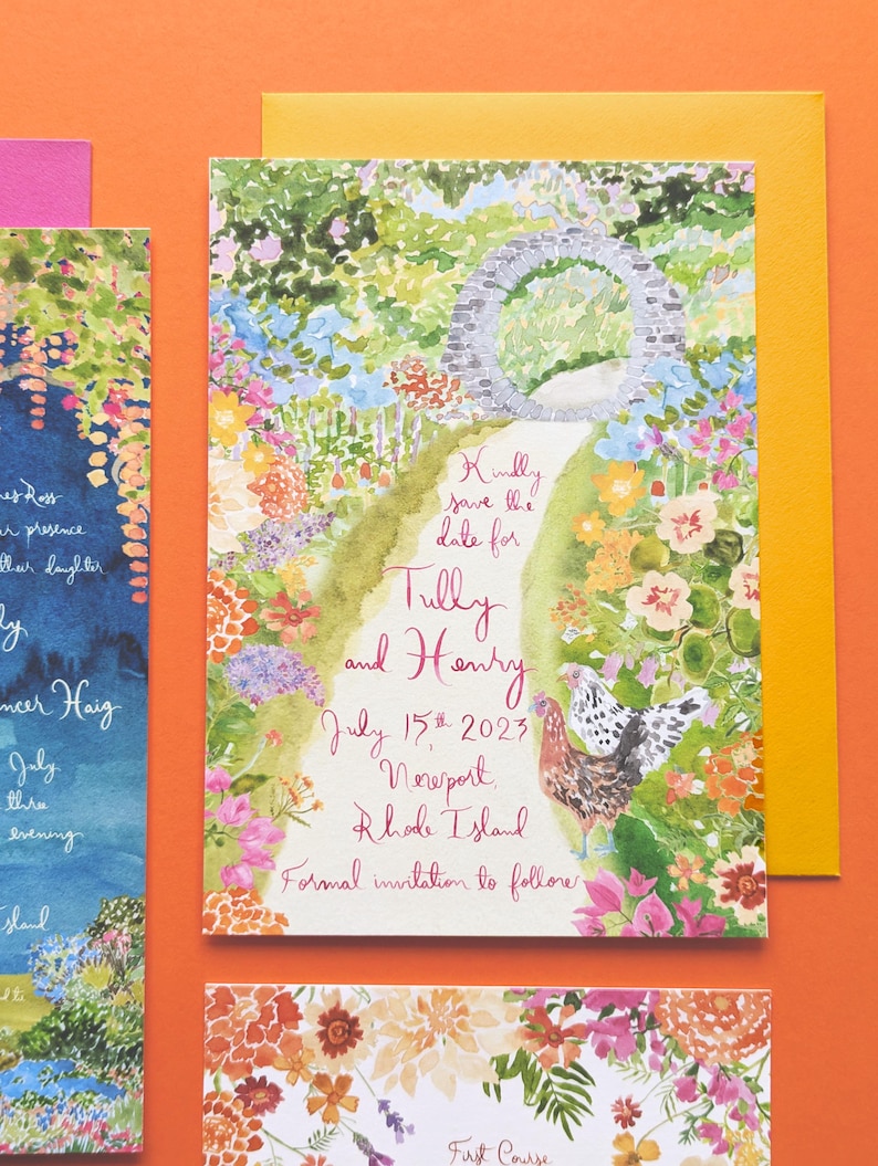 May include: Save the date card featuring a watercolour illustration of a garden path leading to a stone archway. The text reads "Kindly save the date for Tully and Henry, July 15th, 2023, Newport, Rhode Island. Formal invitation to follow."