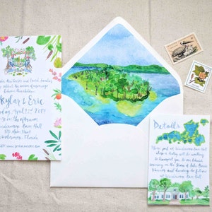 Suite di inviti di nozze personalizzati disegnati a mano: Florida, calligrafia a pennello, lago, riva del lago, canottaggio, airone, meridionale, isola, tifa, pellicano