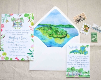 Hand Drawn Custom Wedding Invitation Suite: Florida, Brush Calligraphy, Lake, Lakeside, Boating, heron, southern, island, cattail, pelican