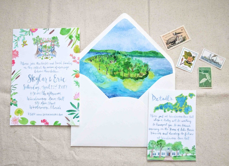 Brush Calligraphy heron island southern pelican Hand Drawn Custom Wedding Invitation Suite: Florida Lakeside cattail Lake Boating