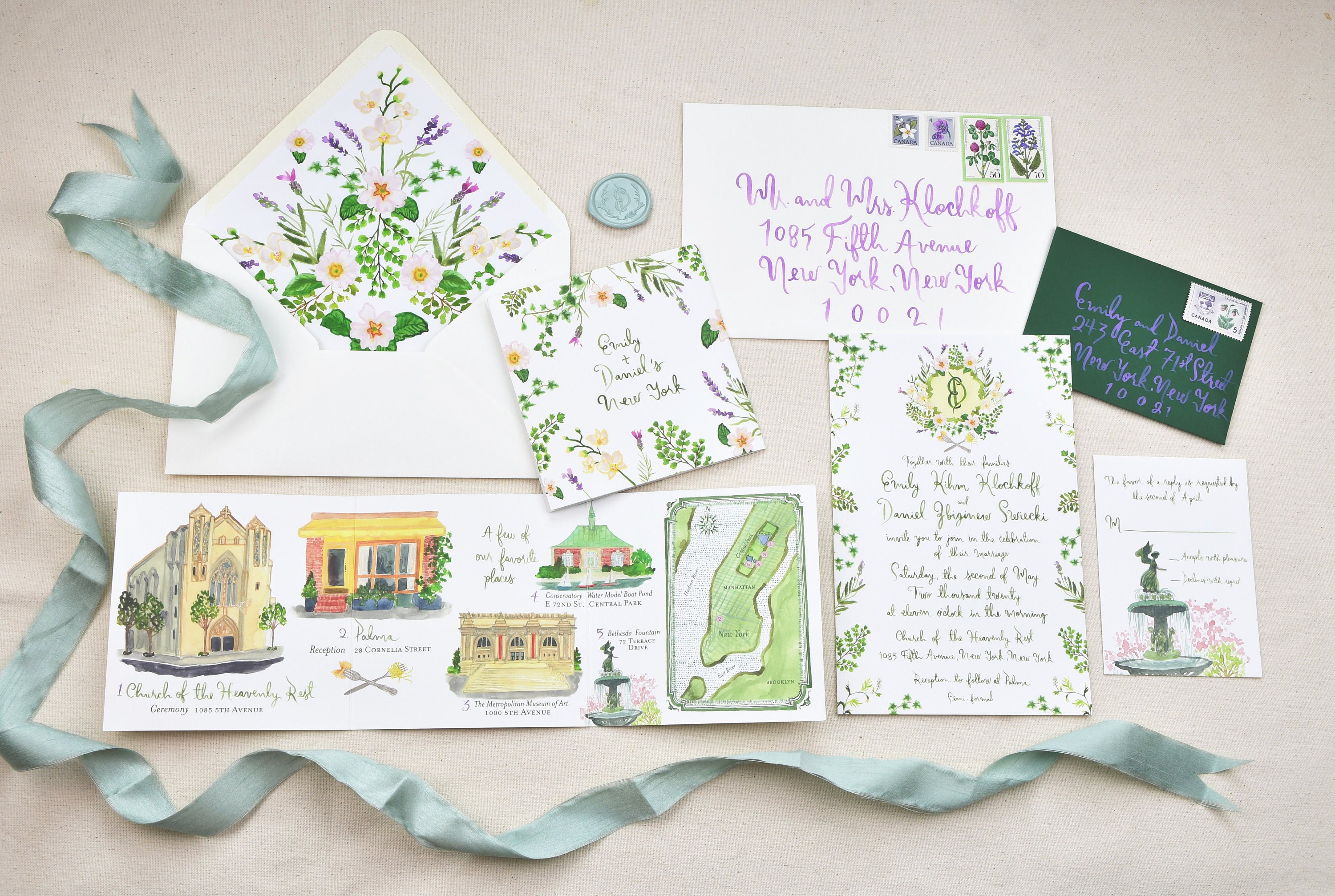 Hand Painted Custom Wedding Invitation Suite: watercolor, illustrated, crest, New York, NYC, Metropolitan museum of art, Map, botanical, art