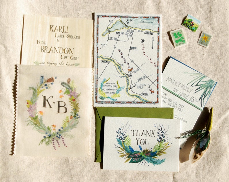 Hand Painted Custom Wedding Invitation Suite: watercolor santa barbara crest illustrated monogram tropical belmond el encanto peonies