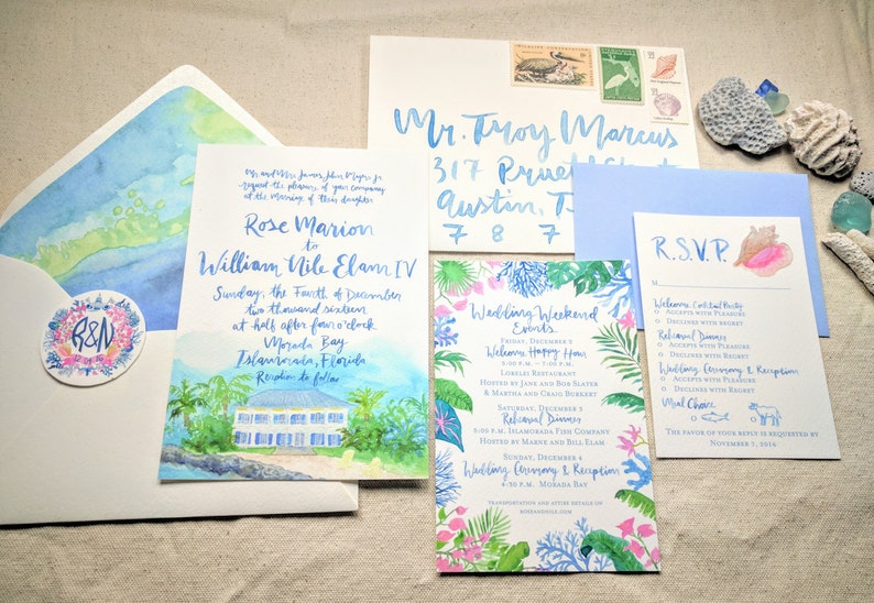Brush Calligraphy heron island southern pelican Hand Drawn Custom Wedding Invitation Suite: Florida Lakeside cattail Lake Boating