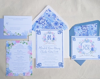 Hand Painted Custom Wedding Invitation Suite: watercolor, illustrated, ginger jar, chinoiserie, blue and white, peonies, coral, florida