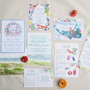 Suite de faire-part de mariage personnalisé peint à la main : aquarelle, illustré, écusson, côtier, nantucket, cape cod, homard, carte, plage, paysage