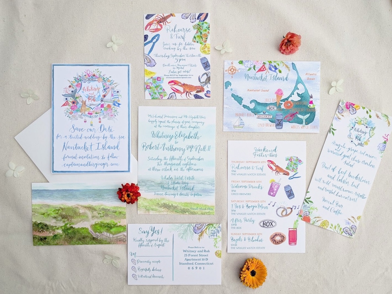 May include: A set of watercolour wedding invitations with a nautical theme. The invitations feature illustrations of a lighthouse, seashells, lobsters, and a map of Nantucket Island. The text on the invitations includes the couple's names, wedding date, and location. Save our Date for a tinted wedding by the sea Nantucket Island.