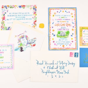Invitaciones de boda personalizadas pintadas a mano: acuarela, ilustrada, bellas artes, cresta, norte del estado de Nueva York, brillante, colorida, vibrante, carta de amor