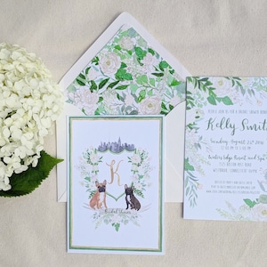 Hand Painted Custom Wedding Invitation Suite: watercolor, illustrated, new york, pet portrait, french bulldog, crest, monogram, hydrangeas