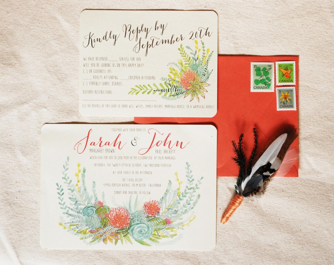 Hand Drawn Custom Wedding Invitation Suite: Flowers Ferns | Etsy