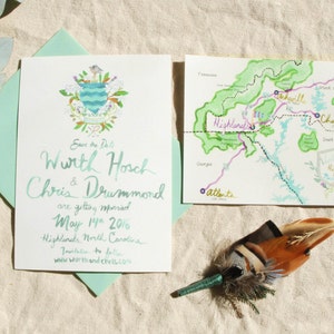Suíte de convite de casamento personalizado desenhado à mão: flores, samambaias, suculentas, orquídea, pinheiro, penas, floresta, tropical, aquarela, ilustração