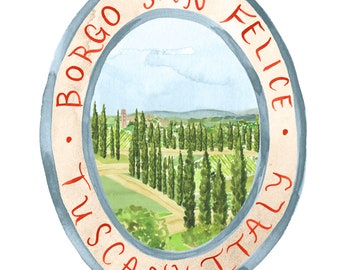 Hand Painted Custom Crest - Monogram, heraldry, emblem, wedding, fine art invitation, floral, Italy, Tuscany, scenery, venue, illustration