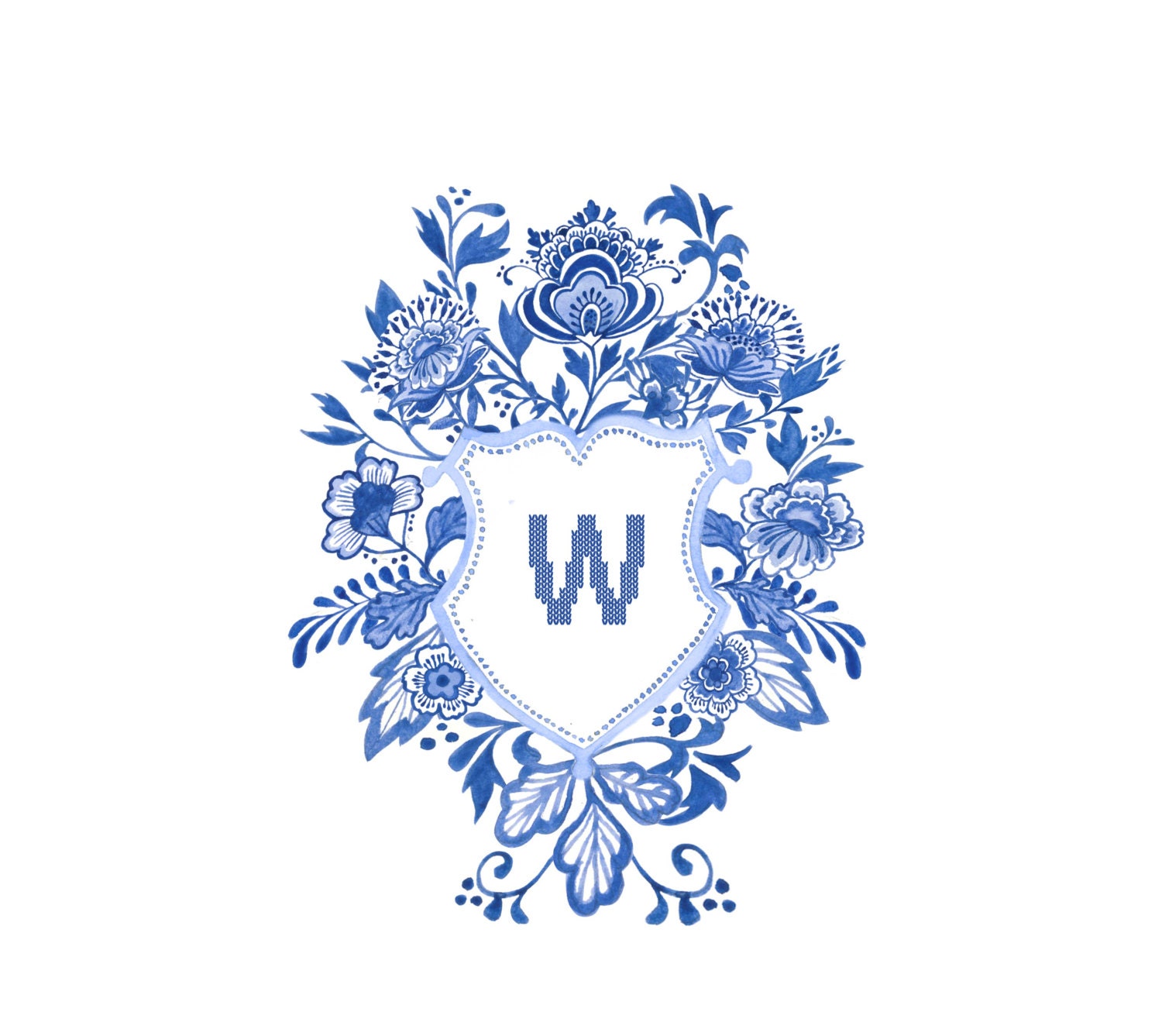 Hand Drawn Custom Floral Crest Monogram flowers ferns | Etsy