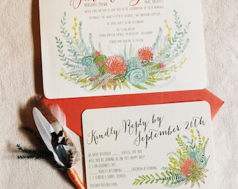 Hand Drawn Custom Wedding Invitation Suite: flowers, ferns, succulents, orchid, pine, feathers, woodland, tropical, watercolor, illustration