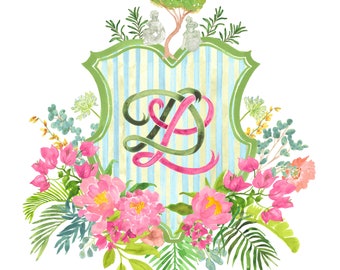 Hand Painted Custom Crest - Monogram, heraldry, emblem, wedding, fine art invitation, palms, Italy, cherub, ribbon, green, pink, floral