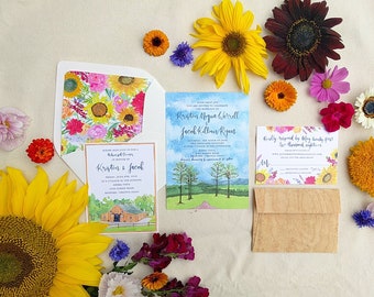 Hand Painted Custom Wedding Invitation Suite: watercolor, illustrated, mountains, venue, scenery, flowers, sunflower, colorful, virginia