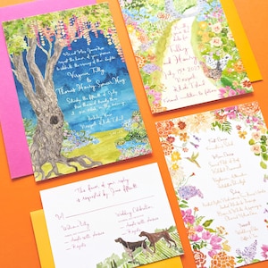 May include: A set of wedding invitations with floral designs. The invitations feature a watercolour illustration of a tree with flowers and a hummingbird. The text on the invitations includes the names "Tilly" and "Harry" and the date "July 15, 2023".