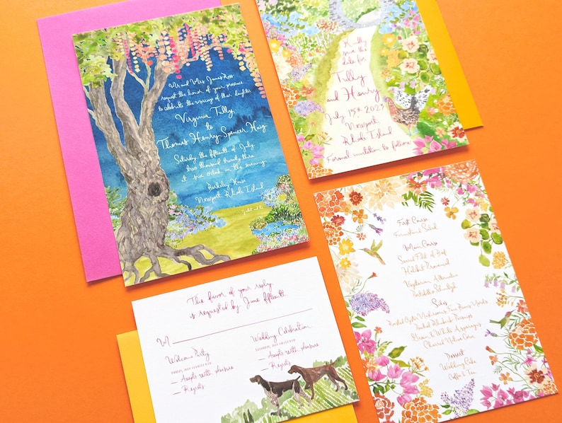 May include: A set of wedding invitations with floral designs. The invitations feature a watercolour illustration of a tree with flowers and a hummingbird. The text on the invitations includes the names "Tilly" and "Harry" and the date "July 15, 2023".