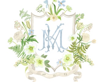 Hand Painted Custom Crest - Monogram, heraldry, emblem, wedding, fine art invitation, floral, peonies, ferns, ivory, white, cream, elegant