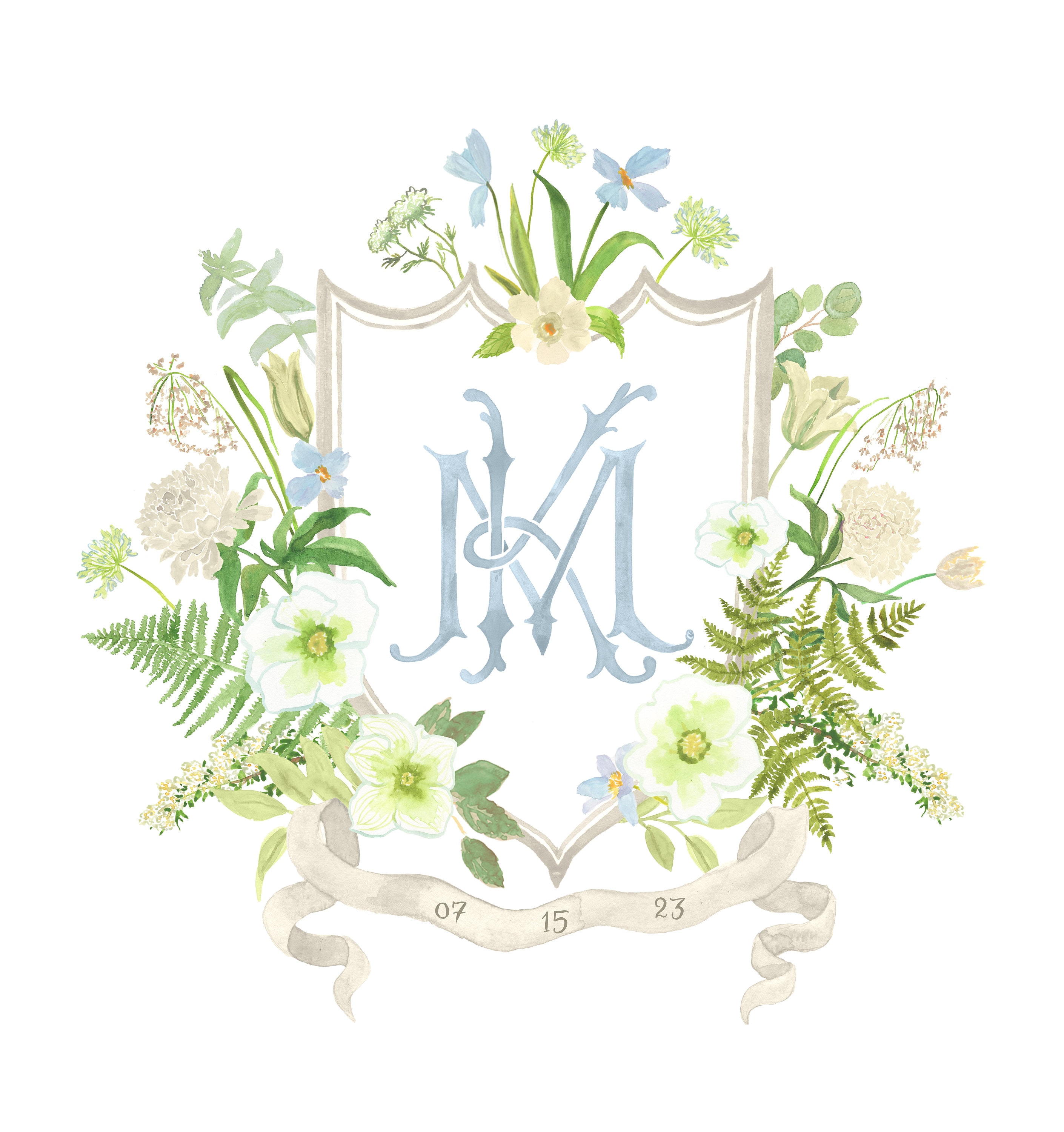 Hand Painted Custom Crest - Monogram, heraldry, emblem, wedding, fine art invitation, floral, peonies, ferns, ivory, white, cream, elegant