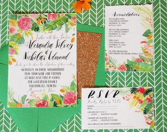 Hand Drawn Custom Wedding Invitation Suite: flowers, ferns, succulents, orchid, pine, feathers, woodland, tropical, watercolor, illustration