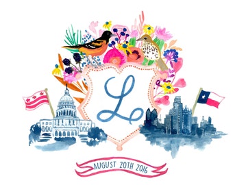 Hand Drawn Custom Crest - Monogram, flowers, bird, state, poppies, indigo, peonies, watercolor, illustration, texas, washington, dallas, art