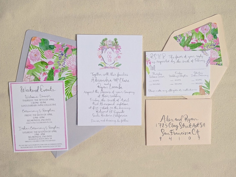 Hand Painted Custom Wedding Invitation Suite: watercolor santa barbara crest illustrated monogram tropical belmond el encanto peonies