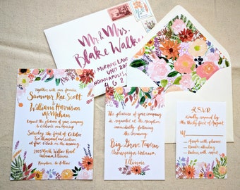 Hand Drawn Custom Wedding Invitation Suite: Autumn, rustic, boho, floral, wildflowers, brush calligraphy, watercolor, painting, illustration