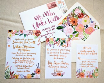 Hand Drawn Custom Wedding Invitation Suite: Autumn, rustic, boho, floral, wildflowers, brush calligraphy, watercolor, painting, illustration