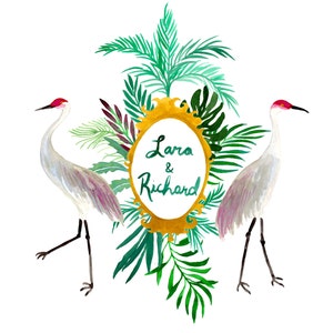 Stemma botanico personalizzato disegnato a mano - Monogramma, fiori, felci, palme, araldica, tropicale, giungla, foglia di banana, acquerello, gru sandhill