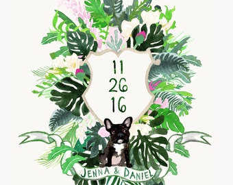 Hand Drawn Custom Botanical Crest - Monogram, flowers, ferns, palms, heraldry, tropical, jungle, banana leaf, watercolor, illustration