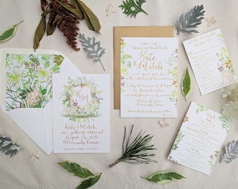 Hand Painted Custom Wedding Invitation Suite: watercolor, illustrated, french, france, chateaux carsix, gold, white, ivory, native plants