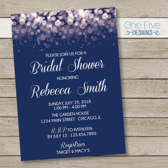 Winter Navy Bokeh Snowflake Wedding Bridal Shower Invitation