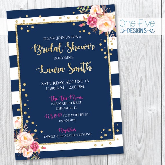 Navy Gold Glitter Pink Blush Fuchsia Stripes Bridal Shower Invitation with Flowers - Printable (5x7) Il_570xn